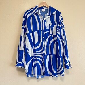 SNDYS Blue White Abstract Geometric Print Cotton Button Down Shirt Womens XL